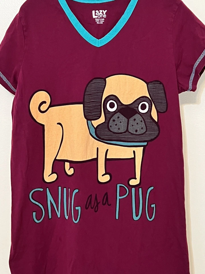 EUC~Lazy One Tee Shirt Womens Sleep Nightgown Lounge~”Snug As Pug”Dog Pajama~S/M - Image 2 of 3