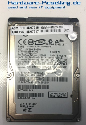 Hitachi 250GB 5,4k SATA 3Gb/s HTS545025B9A300 45N7009 45N7217 2,5" HDD