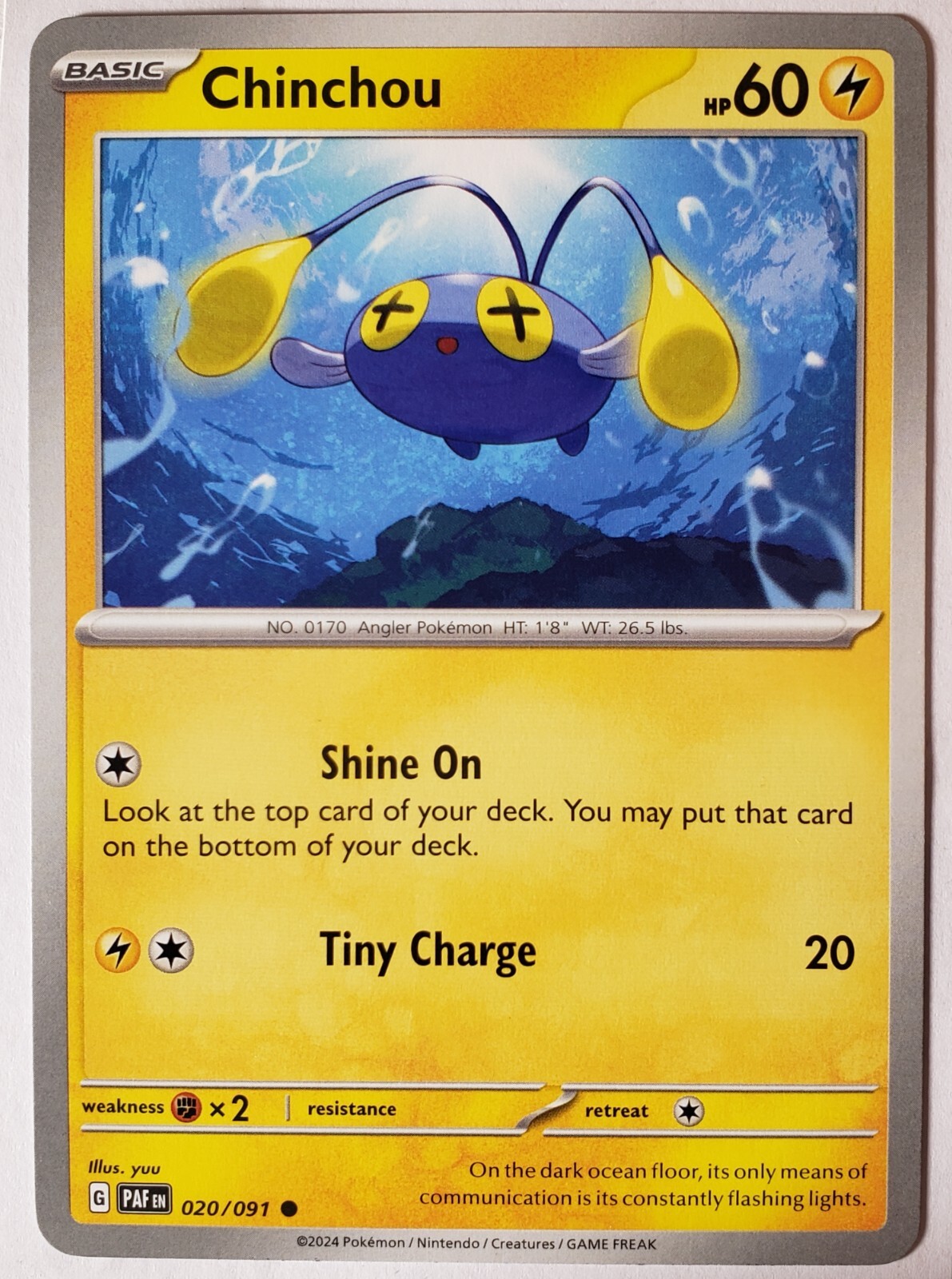Chinchou 020/091 NM / M - Paldean Fates Pokemon Card $2 Combined Ship - Yuu Art