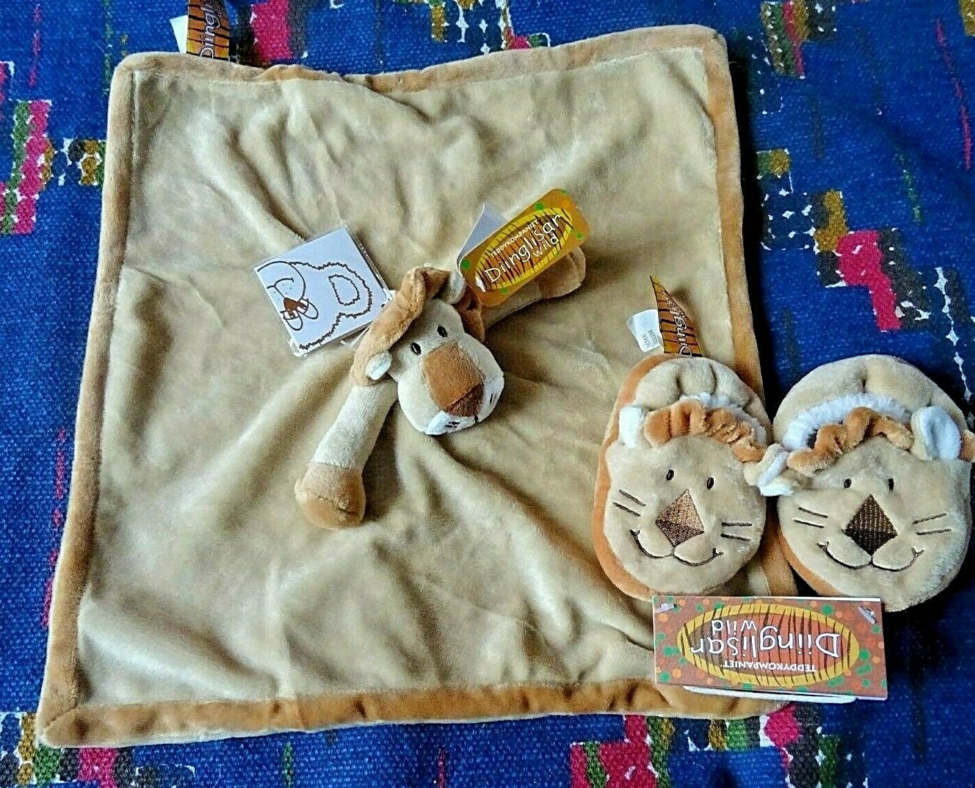 Doudou plat lion beige Dinglisar et ses chaussons assortis pour bébé