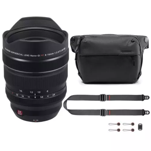 Fujifilm XF 8-16mm f/2.8 R LM WR Lens w/Peak Design 6L Sling V2, SlideLITE Strap