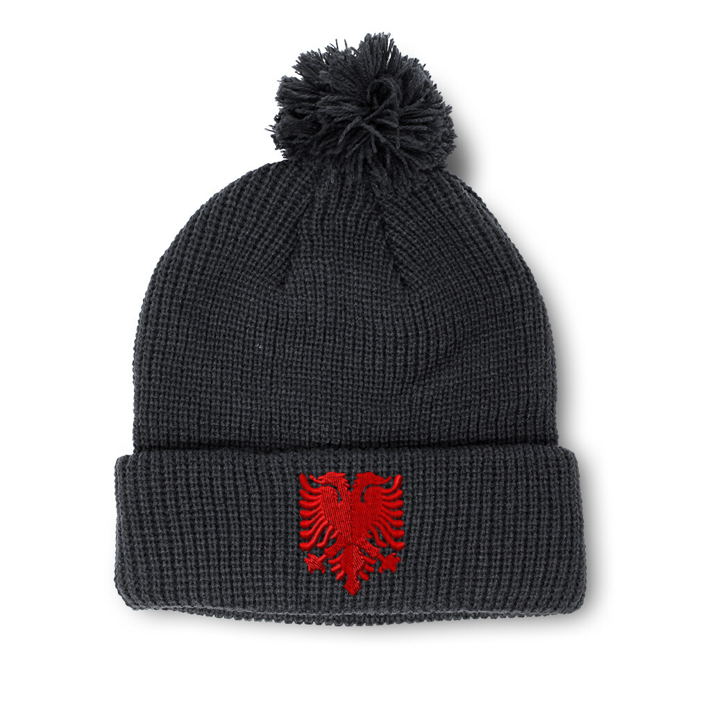 Albanian Eagle Embroidered Acrylic Pom Pom Beanie for Women