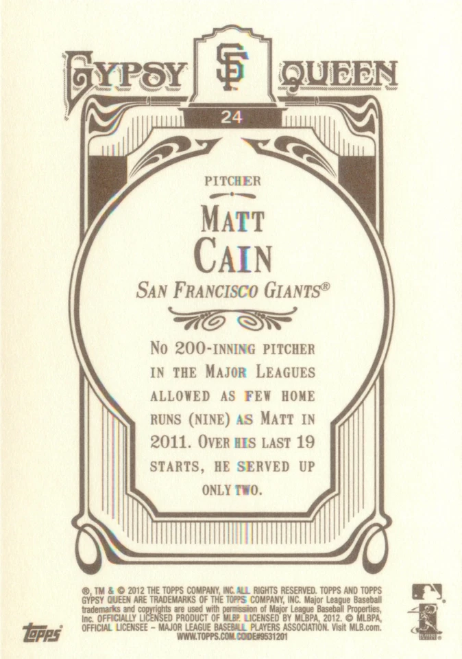 Matt Cain 2012 Topps Gypsy Queen MLB Baseball Card #24 San Francisco Giants - Image 2 of 2