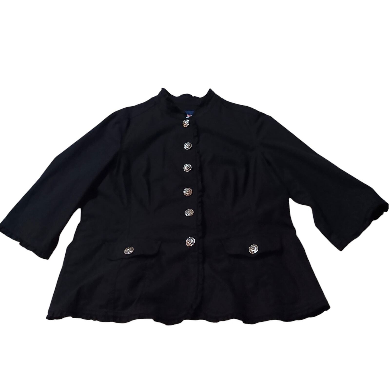 VINTAGE Y2K Black Jacket Silver Tone Buttons Size 1X 14/16 XL Small Ruffle
