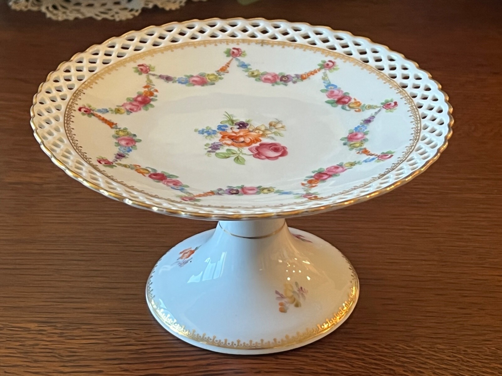 Schumann Porcelain Pierced Pedestal Footed Plate Compote Floral Bavaria Dresden
