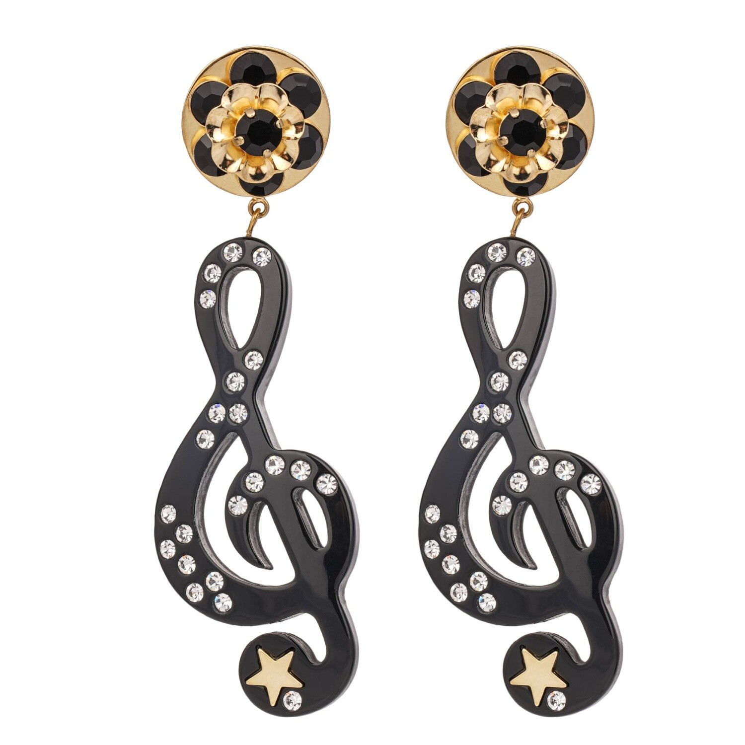 DOLCE & GABBANA Stelle Star Treble Clef Crystal Clip Earrings Gold Black 12331