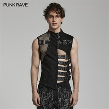 Punk Rave Men's Irregular Pu Splicing Hollow Out Mesh Waistcoat Sleeveless Vest