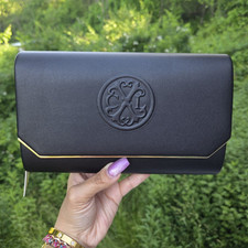 Black Clutch Snap Closure Detachable Chain Strap Gold Evening Purse