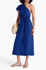 NWT $275 Farm Rio Navy Blue One Shoulder Leaf Linen Midi Dress XS