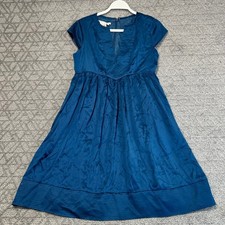 Maggy London Blue 100% Silk Fit and Flare Dress Short Sleeve Pleated Size 8