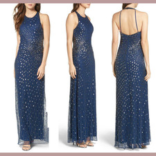 NEW Adrianna Papell 2 Twilight Halter Column Gown in Mercury Blue M466