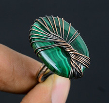 Malachite Gemstone Copper Wire Wrapped Handmade Tree Of Life Ring Jewelry