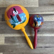 Vintage Mexican Gourd/Wood Handle Hand Painted Maracas, Two