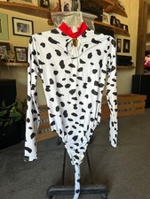 Cute Dalmatian dog costume. Bodysuit is white with black spots and has long slee