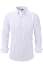 Long Sleeve Dress Shirt Men Regular Fit Casual Button Down W Pockets White Large