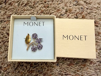 MONET Purple Rhinestone Hydrangea Flower Brooch Enamel Leaf Vintage 1960's