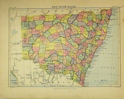 Original alter antiker Druck 1884 Karte New South Wales Australien Britannica Neunte