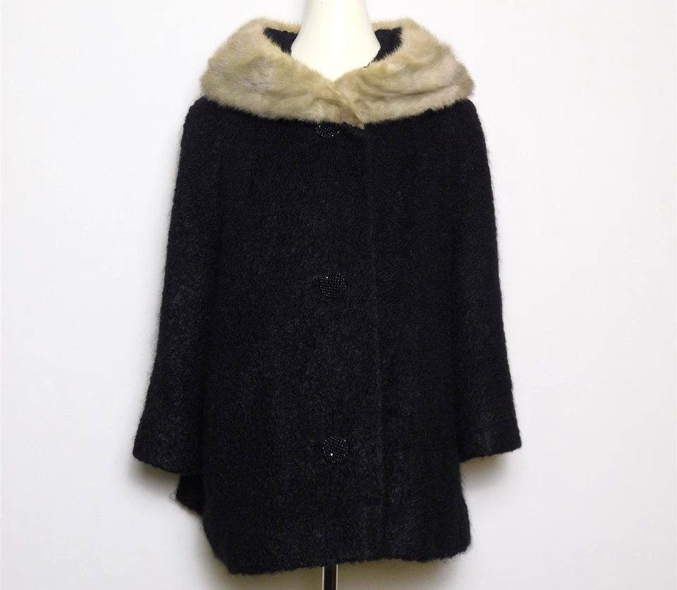 **Chaqueta Abrigo de Lana de Cordero Rizada Cuello de Piel de Visón Negro Gótico Años 50 De Colección Foto 2 de 4