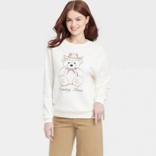NEW Zoe  Liv Womens Cream Country Music  Teddy Bear Graphic Sweatshirt - Size L