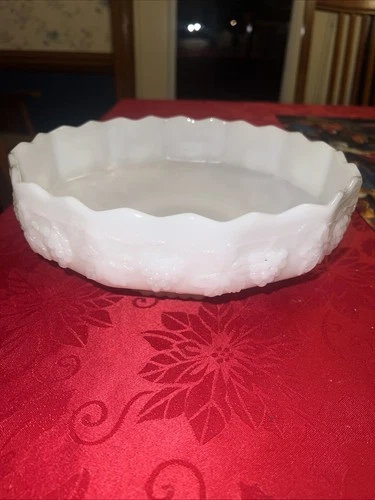 Fire-King Pedestal Fruit Bowl Anchor Hocking Grapes Pattern Milk Glass Vintage