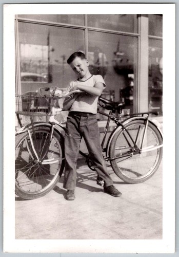 Vtg B&W Snapshot Boy With Bicycle Basket Storefront Window 1950s