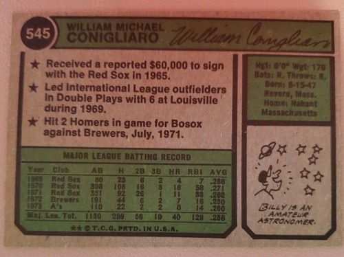 1974 Topps - Billy Conigliaro #545 - Bild 2 von 2