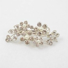 Vintage Faux Stones Pearls Oval Hair Barrette Clip, Silver Tone