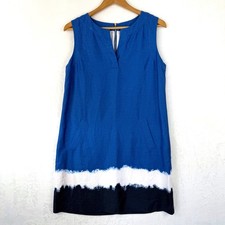 J.Crew Blue Linen Dip Dye Colorblock Shift Dress Sleeveless Pockets Size 4