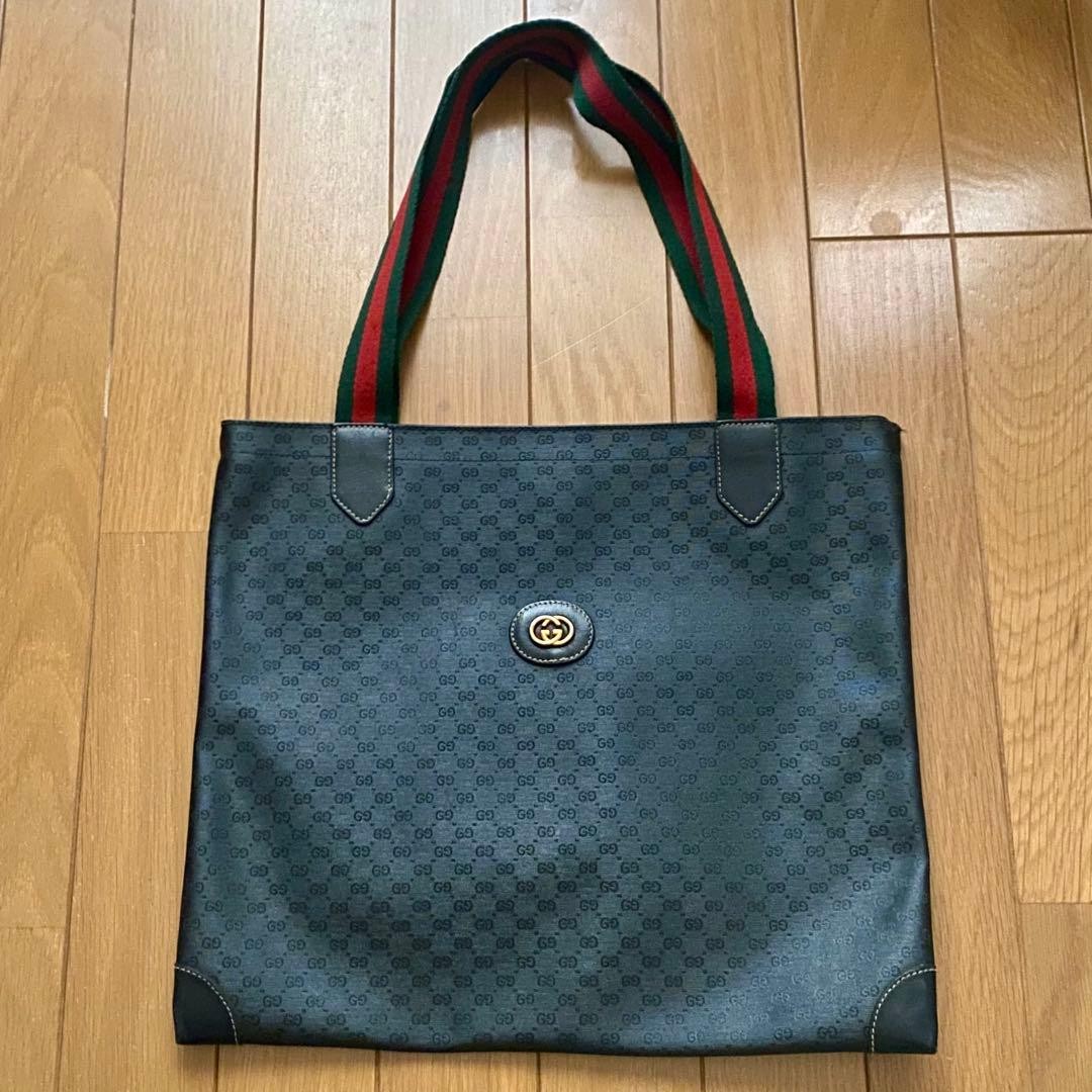 GUCCI Vintage Sherry Line Leather Tote Bag Black GG Leather Made in Italy