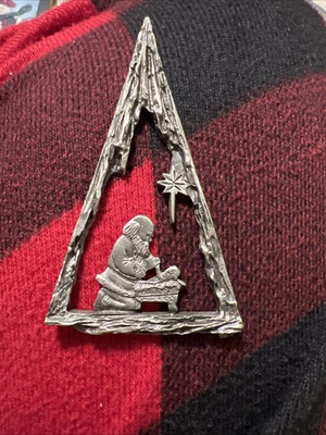 #ad VTG PEWTER metal RR signed Santa Baby Jesus North Star Ornament Manger $9.99