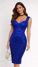 Lipsy Blue Bodycon Dress 10 UK Party Occasion Wedding Guest Evening Lace Fitted