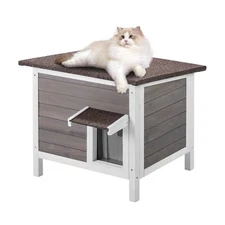 Outdoor Cat House Wooden Feral Cat Shelter with Roof & PVC Door Flaps