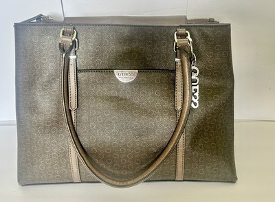 GUESS Brown Monogram Tote Shoulder Bag Large Zip Top Charm