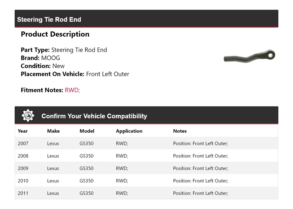 Para Lexus GS350 2007-2011 tracción trasera extremo de barra de dirección delantero izquierdo exterior MOOG 2007 Foto 2 de 4