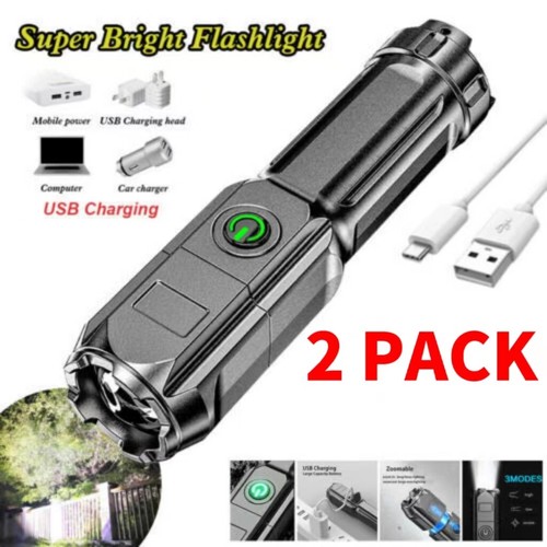 2 Pack Rechargeable 990000LM LED Flashlight Tactical Super Bright Torch Zoomable - Picture 1 of 7