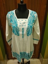 EXCELLENT L 42" TUNIC TOP ETHNIC CHIKAN EMBROIDERY COTTON KURTA HANDMADE KURTI