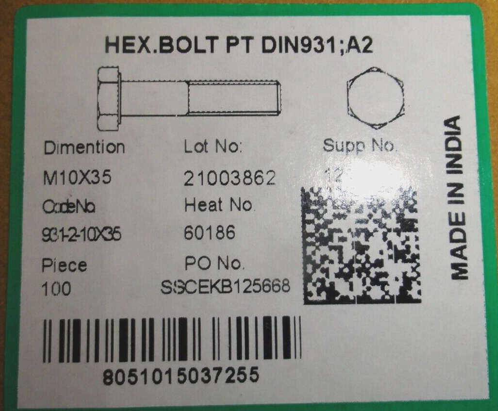 Box 100 HEX BOLT PT DIN931 A2 M10x35 Stainless Steel - Inc VAT