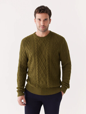 FRANK & OAK Olive Green Cable Knit Cotton Crew Neck Pullover Sweater NEW Large