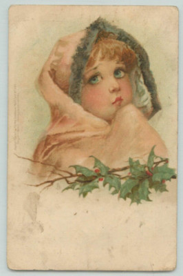 AK Frances Brundage, kleine Sonnenstrahlen, #699 Weihnachtsmädchen im rosa Fellumhang