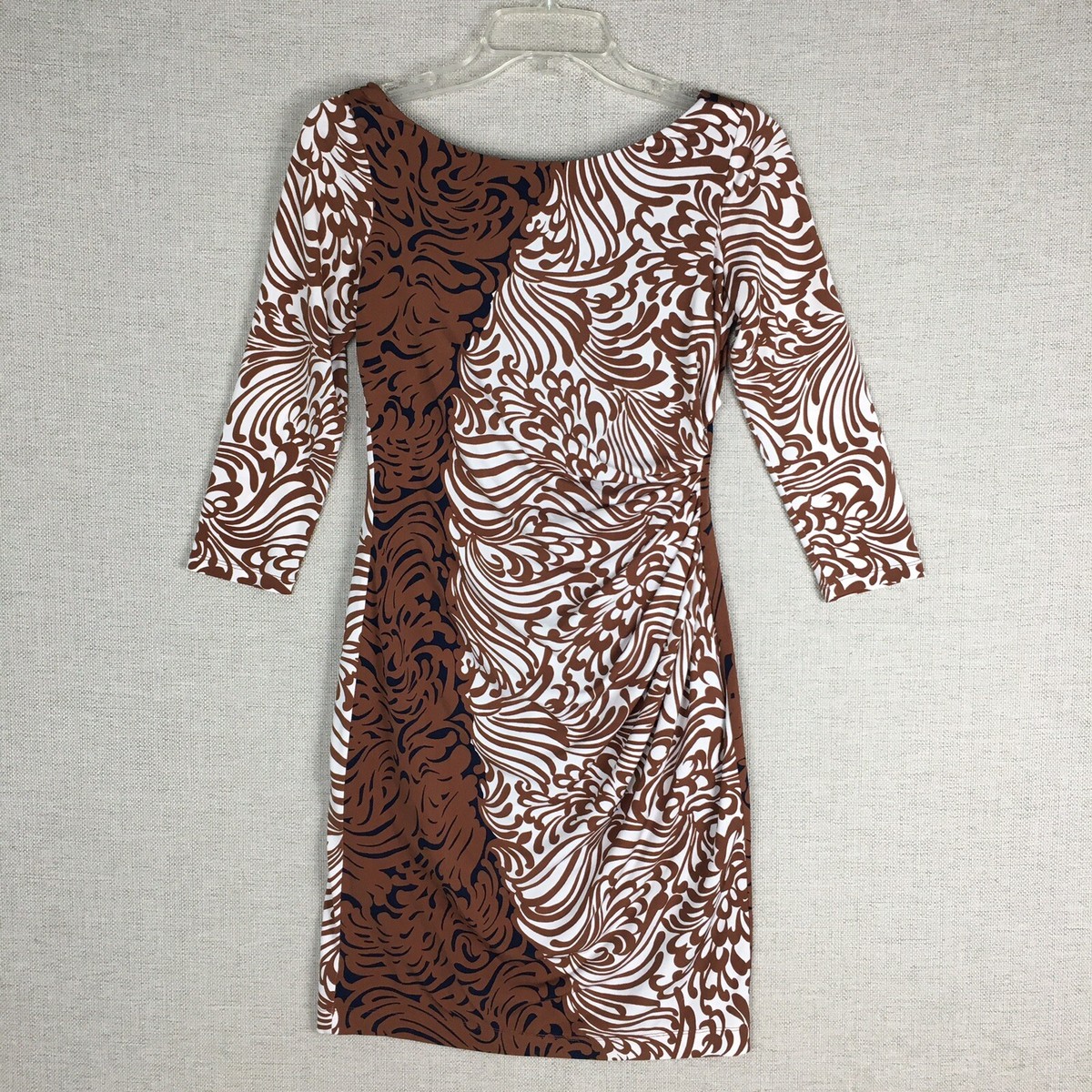 Muse Draped Back Dress Women's 2 Brown Abstract 3/4 Sleeve Shirred Stretch  | eBay