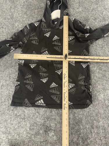 Adidas Hoodie Girls 10-12 Black Tee Pullover All Over Logo Spell Out N199 - Picture 6 of 9