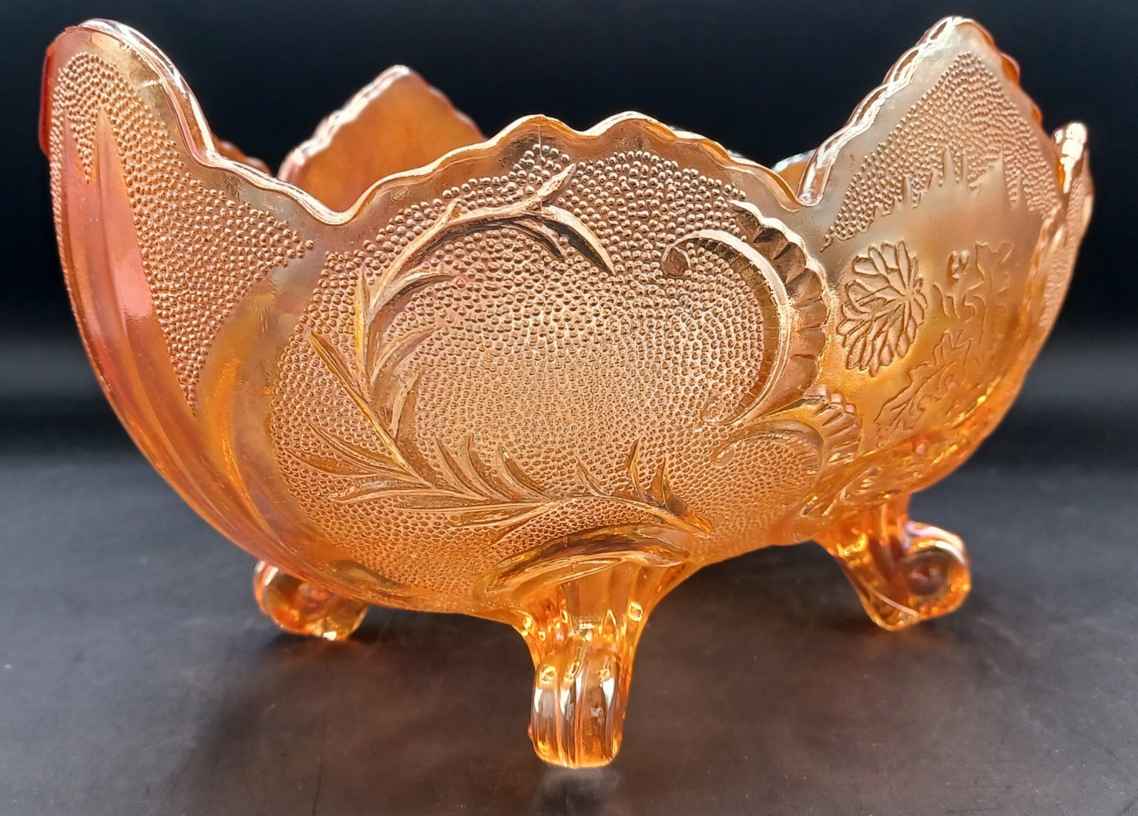 Vintage Lombardi 4 Toed Iridescent 10" Flora Gold Bowl By Jeannette