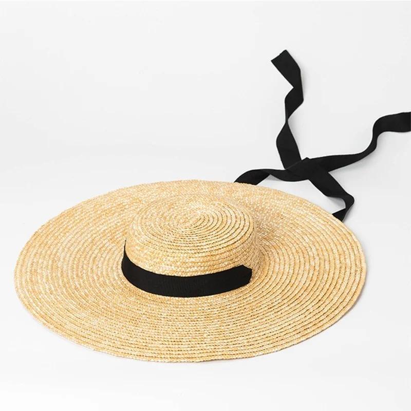 Women Large Wide Brim Straw Summer Hats Ribbon Beach Cap Boater Flat Top  Sun Hat