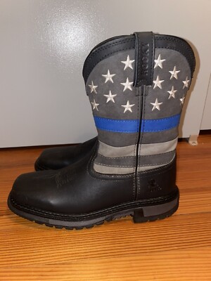 Rocky Youth Black Leather Blue Line Western Cowboy Boots Size