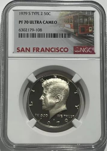 1979 S Type 2 NGC PF70 Ultra Cameo Kennedy Half Dollar JFK 50c Trolley Label