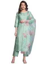 Women's Silk Blend Embroidered Straight Kurta Pant Set with Organza Dupatta