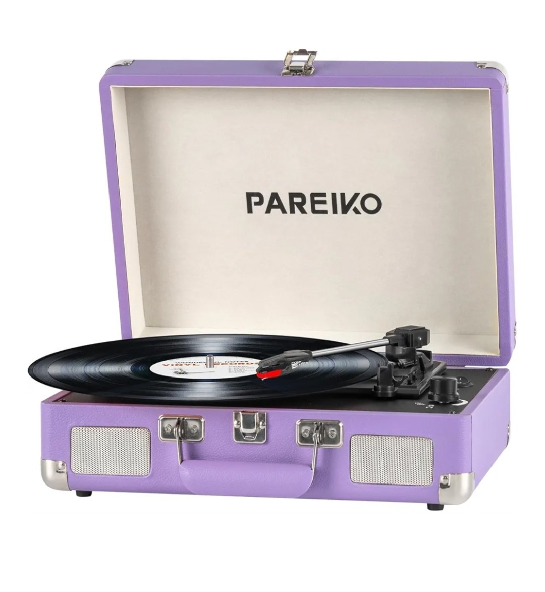 Portable Bluetooth Record Player with 3-Speed Turntable in Purple Suitcase Design-image