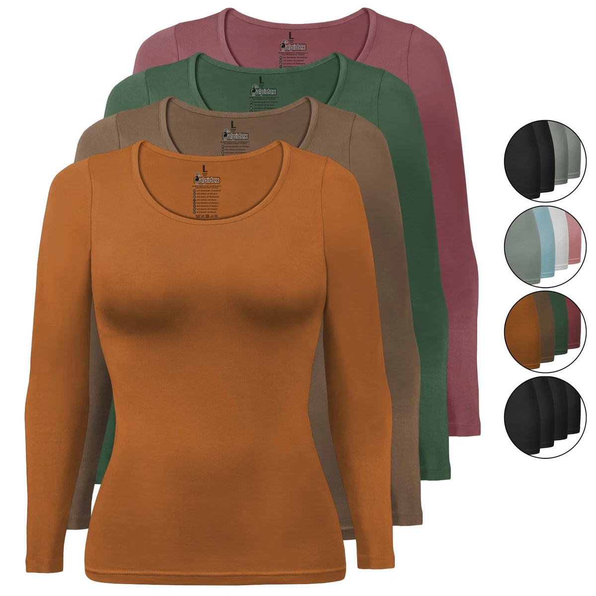 Damen Langarmshirt 4er Set Basic Oberteil Frauen Shirt Longsleeve Rundhals
