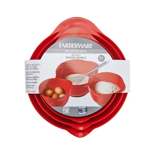 Professional Set of 3 Nesting Plastic Mixing Bowls Non-Slip Base Easy Clean Red - Picture 5 of 10
