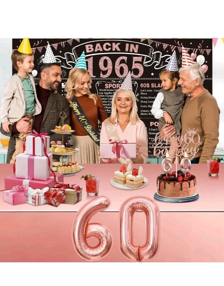 60th Birthday Decorations for Woman with Banner, Rose Gold Tablecloth, Number... - Image 3 of 4
